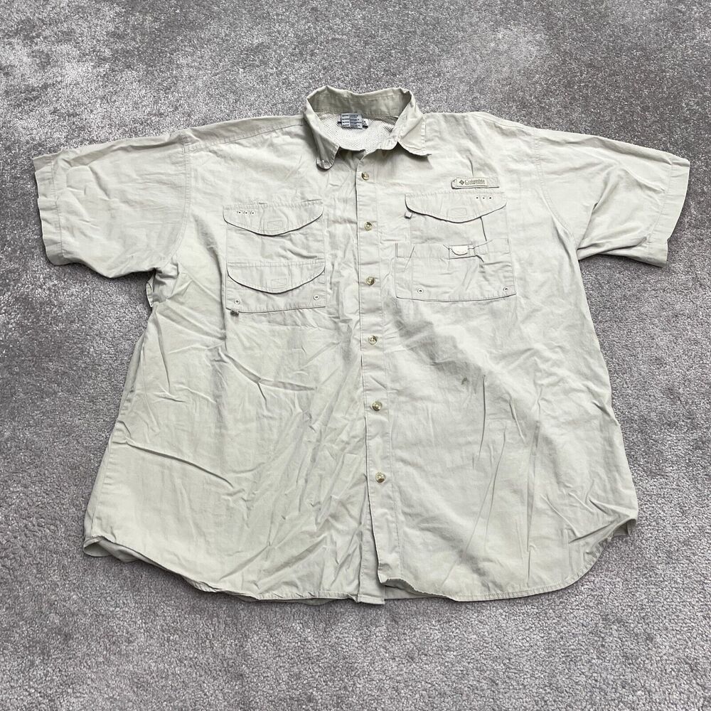Columbia PFG Bonehead Shirt Mens XL Beige Short Sleeve Cotton Casual Fishing